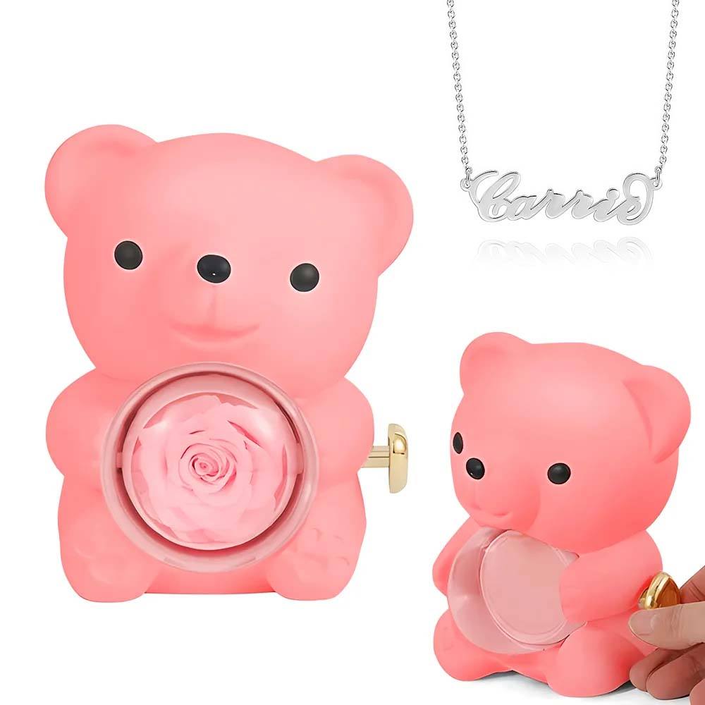 Custom Name Necklace with Real Rose Bear Gift box Rose Shaped Necklace Gift Box Jewellery Gift Box