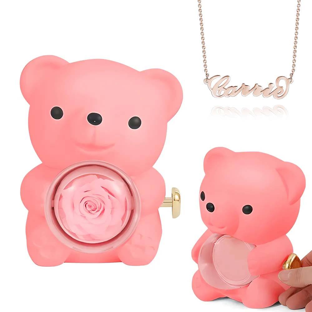 Custom Name Necklace with Real Rose Bear Gift box Rose Shaped Necklace Gift Box Jewellery Gift Box