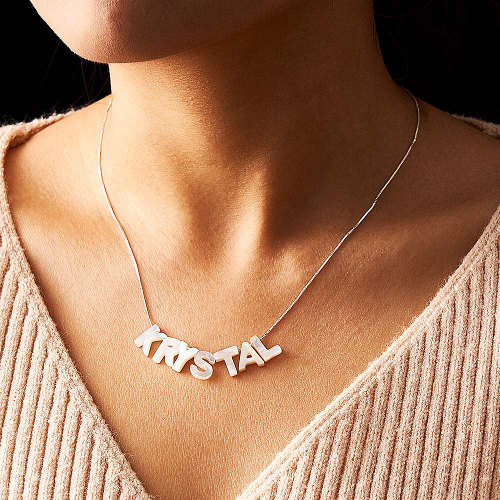 Mother of Pearl Name Necklace Custom Name Silver Necklace