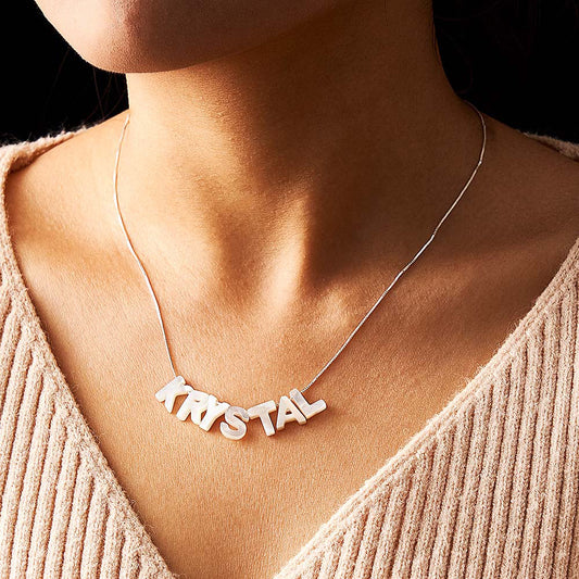 Mother of Pearl Name Necklace Custom Name Silver Necklace