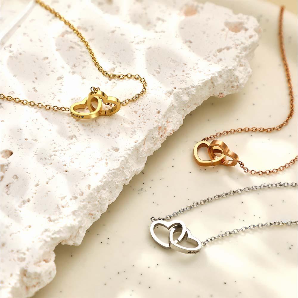 Custom Engraved Necklace Two Hearts Personalized Names Gift for Couples