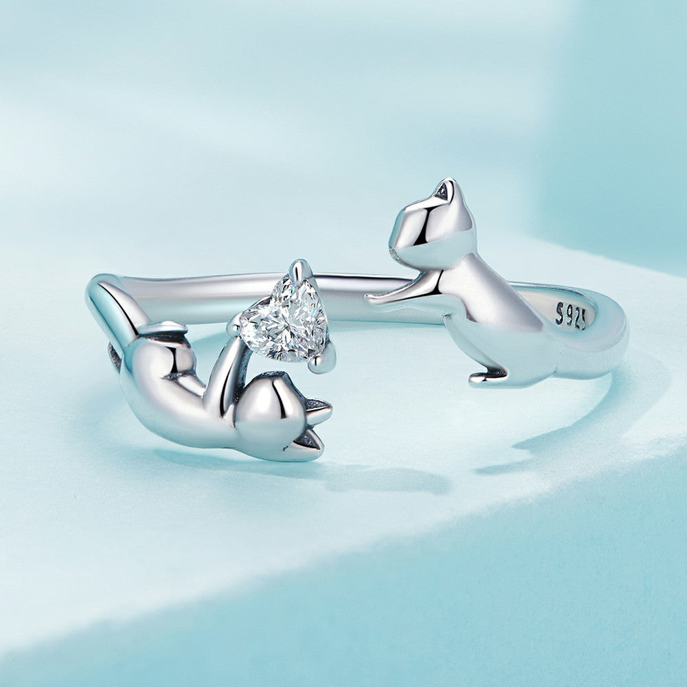 Cat Playing Open Ring Silver