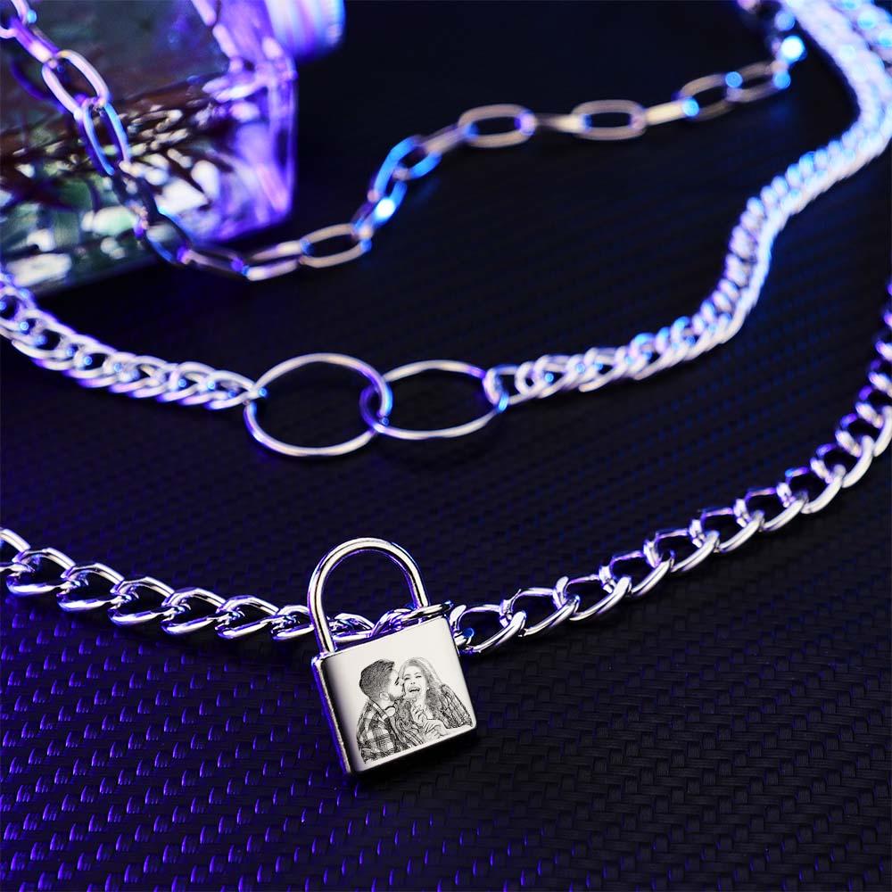 Triple Chain Set Personalized Photo Necklace with Lock