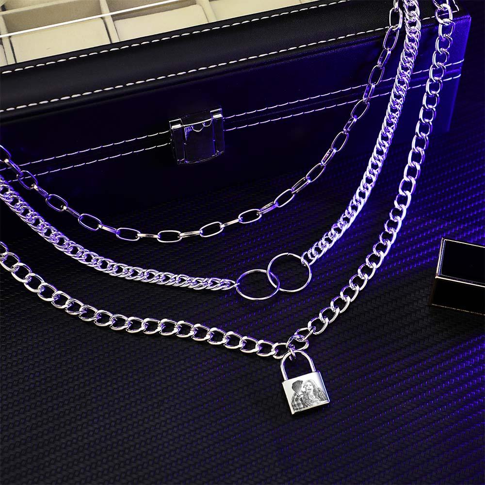 Triple Chain Set Personalized Photo Necklace with Lock