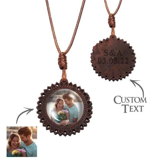 Custom Photo Necklace Wood Pendant Engraved and Personalized Circle Pendant Valentine's Gifts for Him