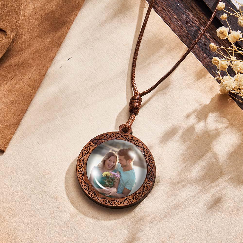 Custom Photo Necklace Valentine's Gifts for Her Wood Pendant Engraved Name Personalized Round Pendant