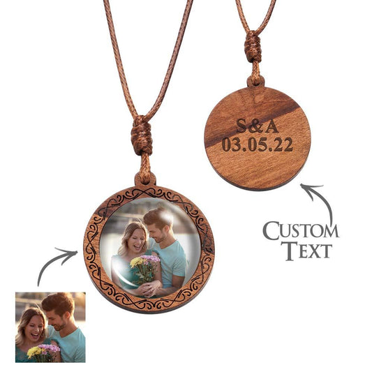 Personalized Photo Necklace Valentine's Gifts for Him Wood Pendant Engraved Custom Name Round Pendant