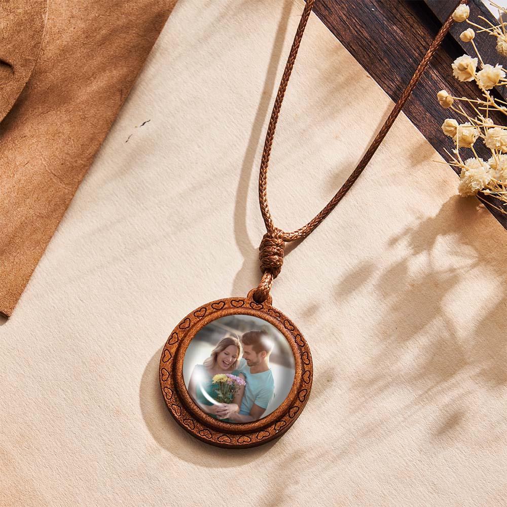 Personalized Photo Necklace Gifts for Him Wood Pendant Custom Name Engraved Round Pendant