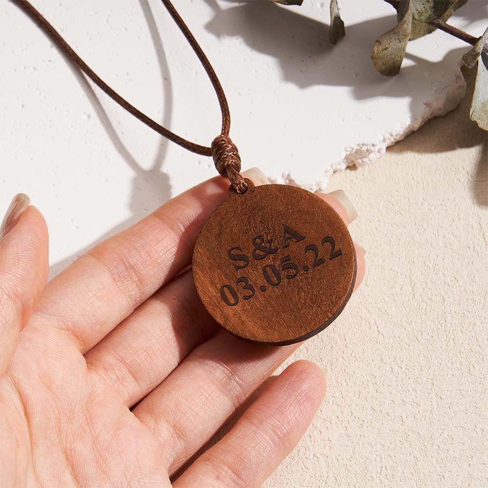 Personalized Photo Necklace Valentine's Gifts for Him Wood Pendant Engraved Custom Name Round Pendant