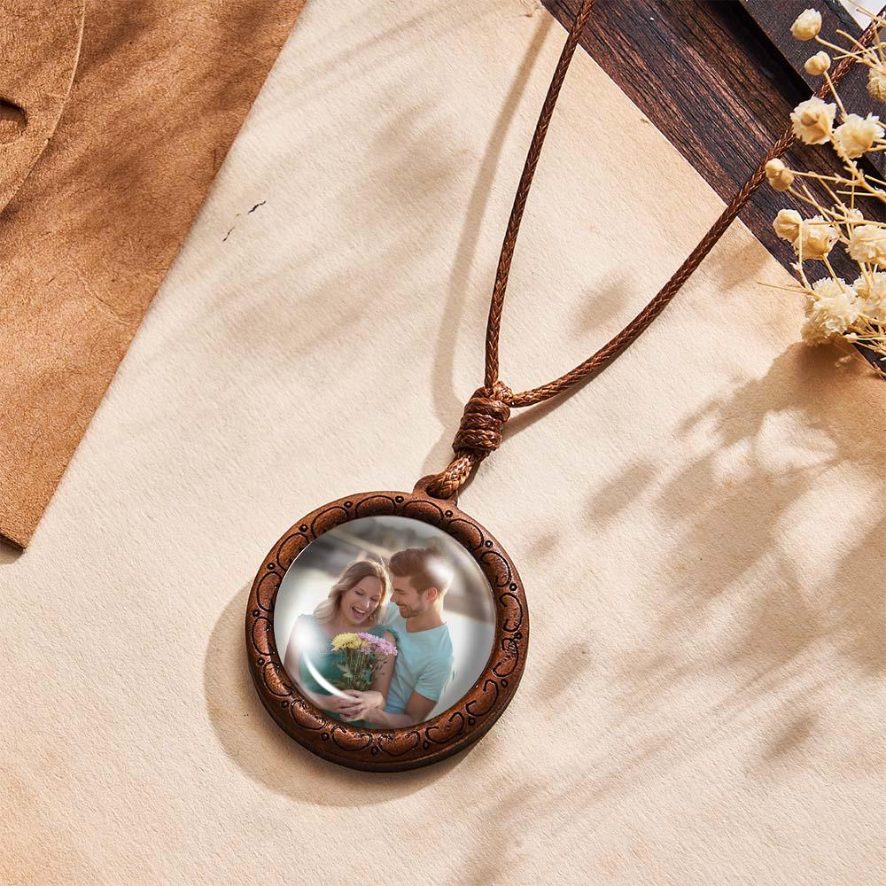 Custom Photo Necklace Wood Pendant Engraved and Personalized Circle Pendant Valentine's Gifts for Him