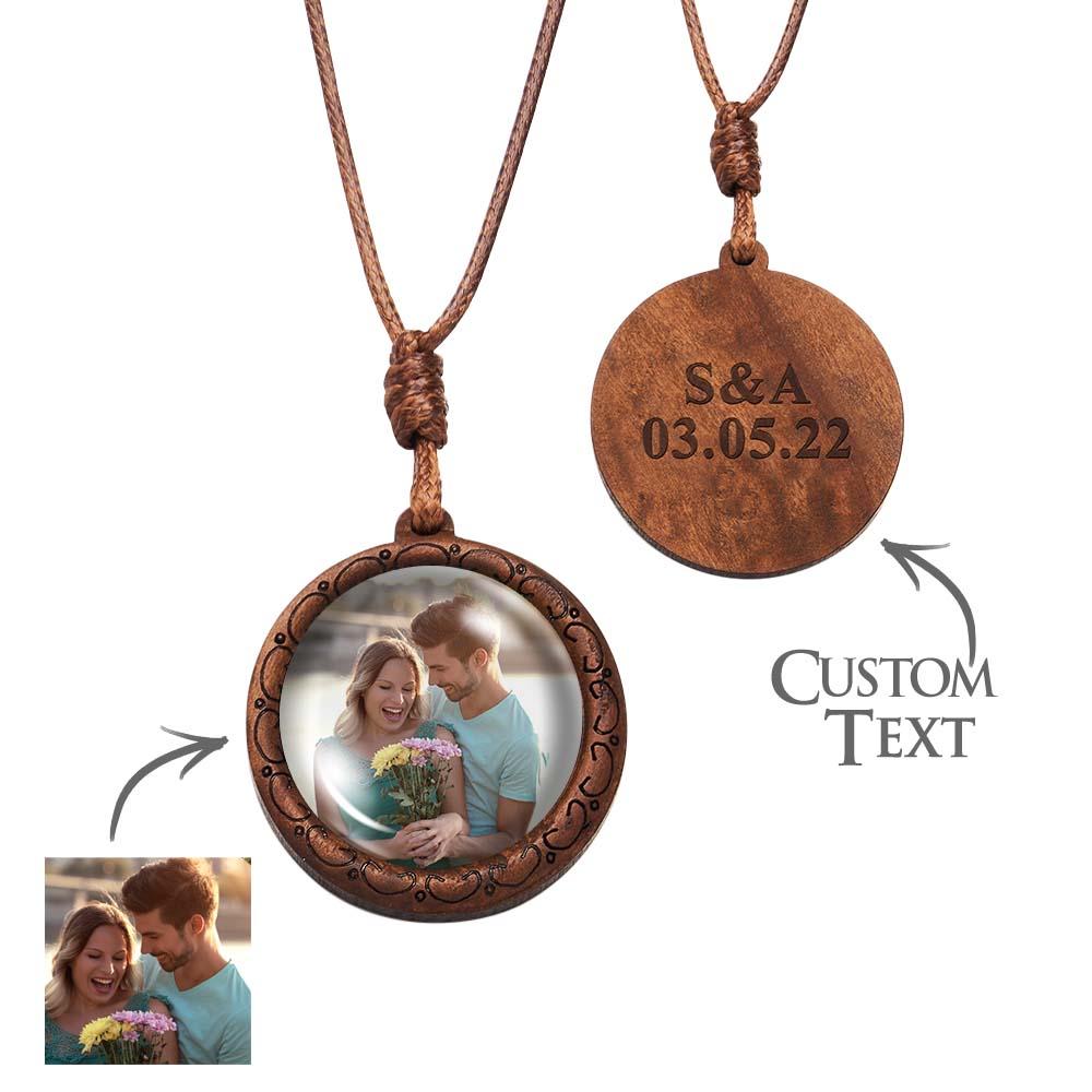 Personalized Photo Necklace Gifts for Him Wood Pendant Custom Name Engraved Round Pendant