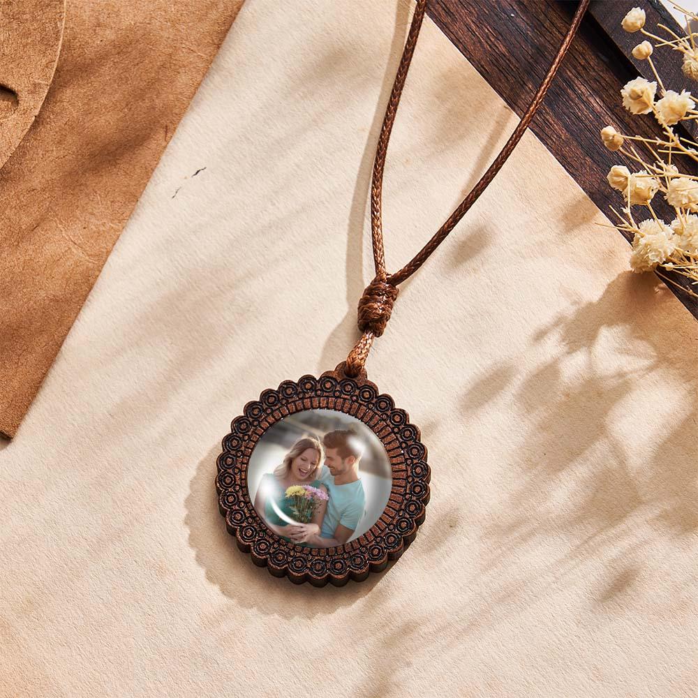 Personalized Photo Necklace Valentine's Gifts for Him Wood Pendant Engraved Custom Name Round Pendant
