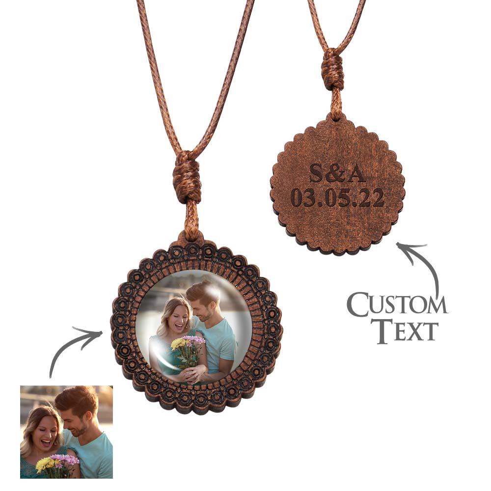 Custom Photo Necklace Valentine's Gifts for Her Wood Pendant Engraved Name Personalized Round Pendant