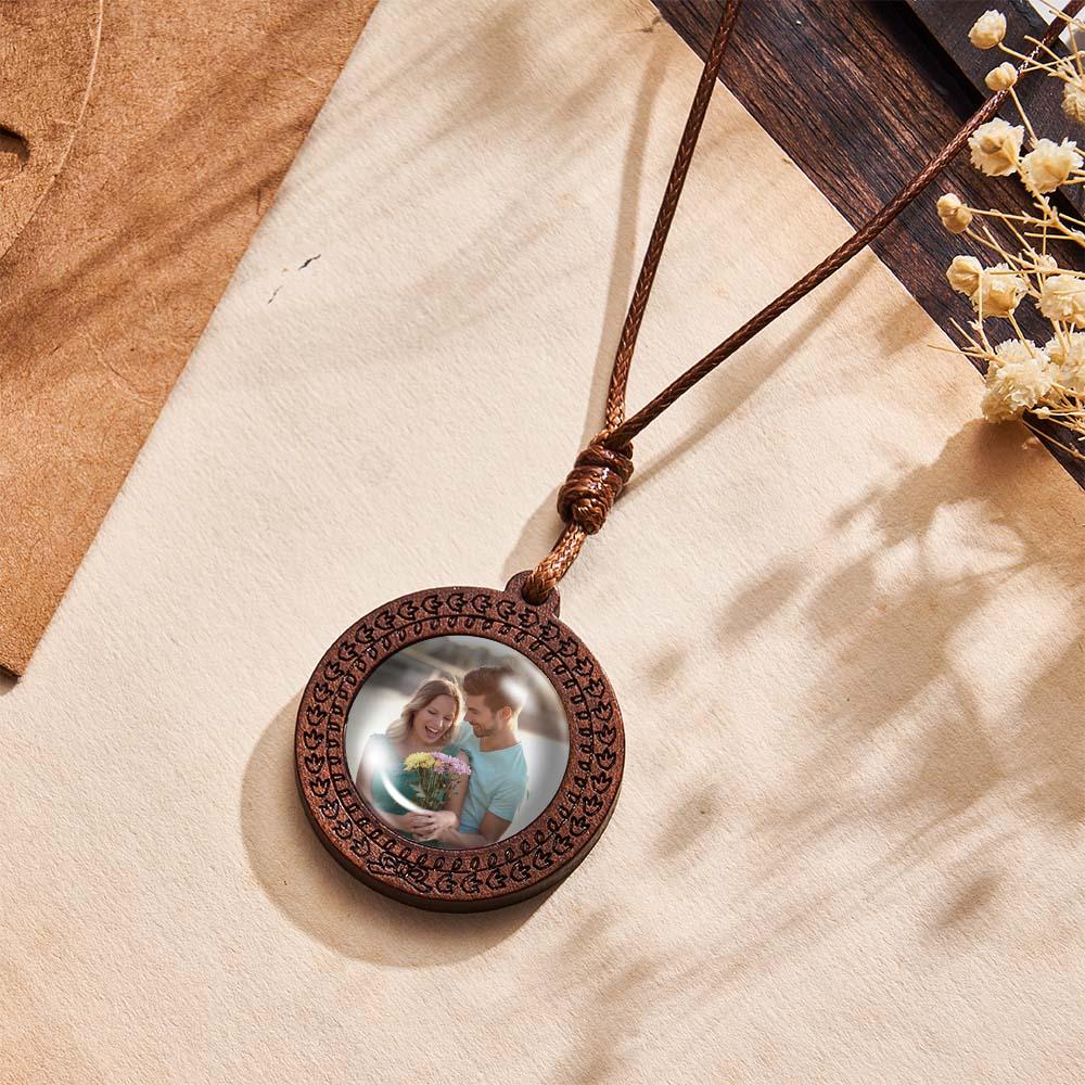 Personalized Photo Necklace Valentine's Gifts for Him Wood Pendant Engraved Custom Name Round Pendant