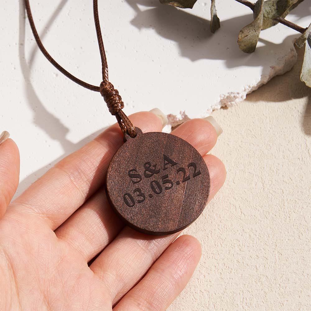 Personalized Photo Necklace Valentine's Gifts for Him Wood Pendant Engraved Custom Name Round Pendant