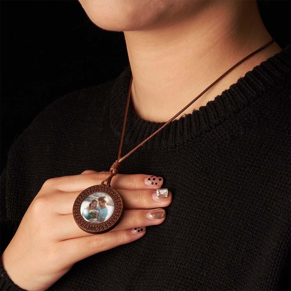 Custom Photo Necklace Wood Pendant Engraved and Personalized Circle Pendant Valentine's Gifts for Him
