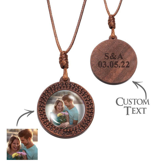 Personalized Photo Necklace Gifts for Him Wood Pendant Custom Name Engraved Round Pendant