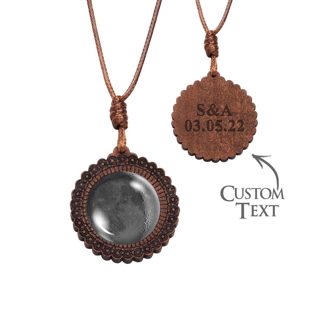 Custom Moon Phase Wood Pendant Necklace Personalized Engraved Name Valentine's Gifts for Her