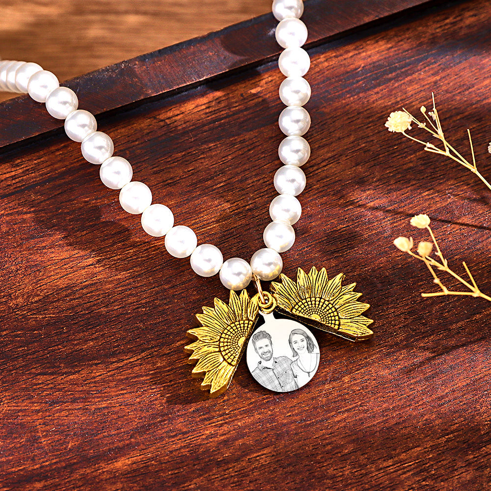 Custom Photo Necklace Vintage Flower Pearl Love Gift