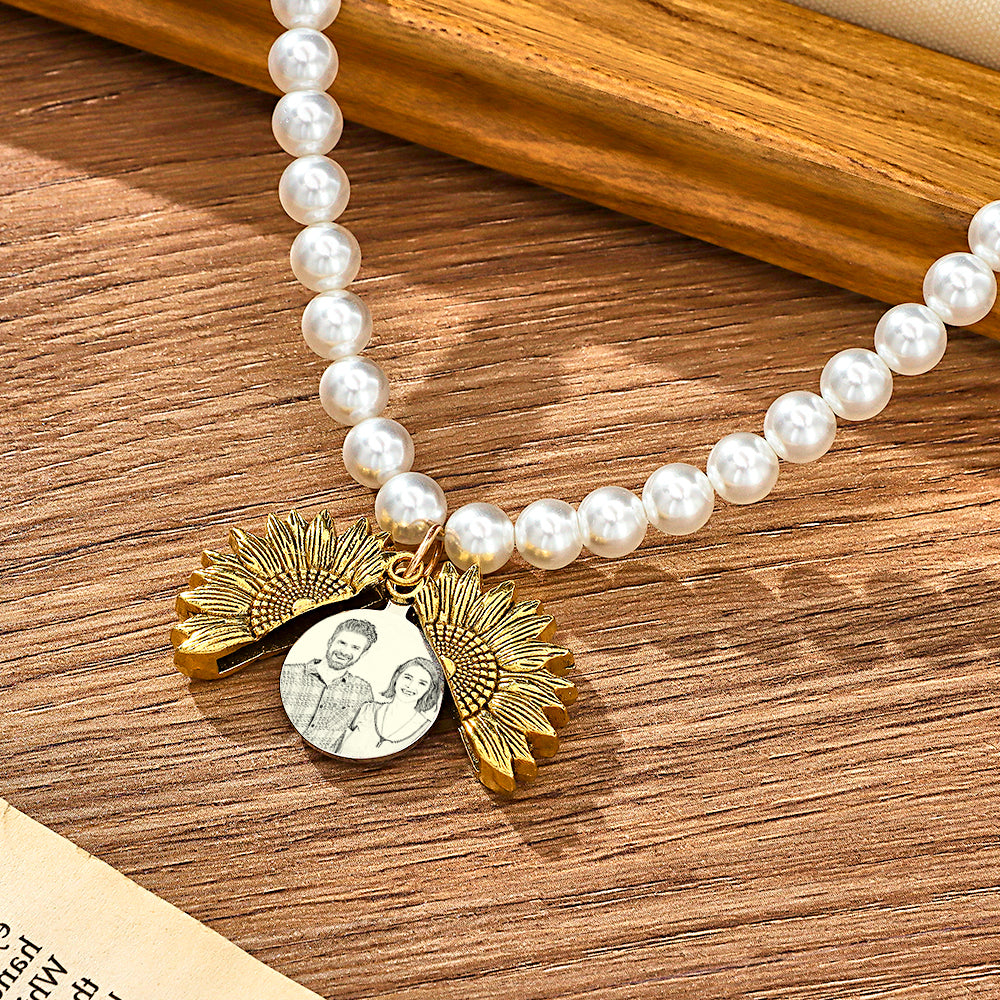 Custom Photo Necklace Vintage Flower Pearl Love Gift