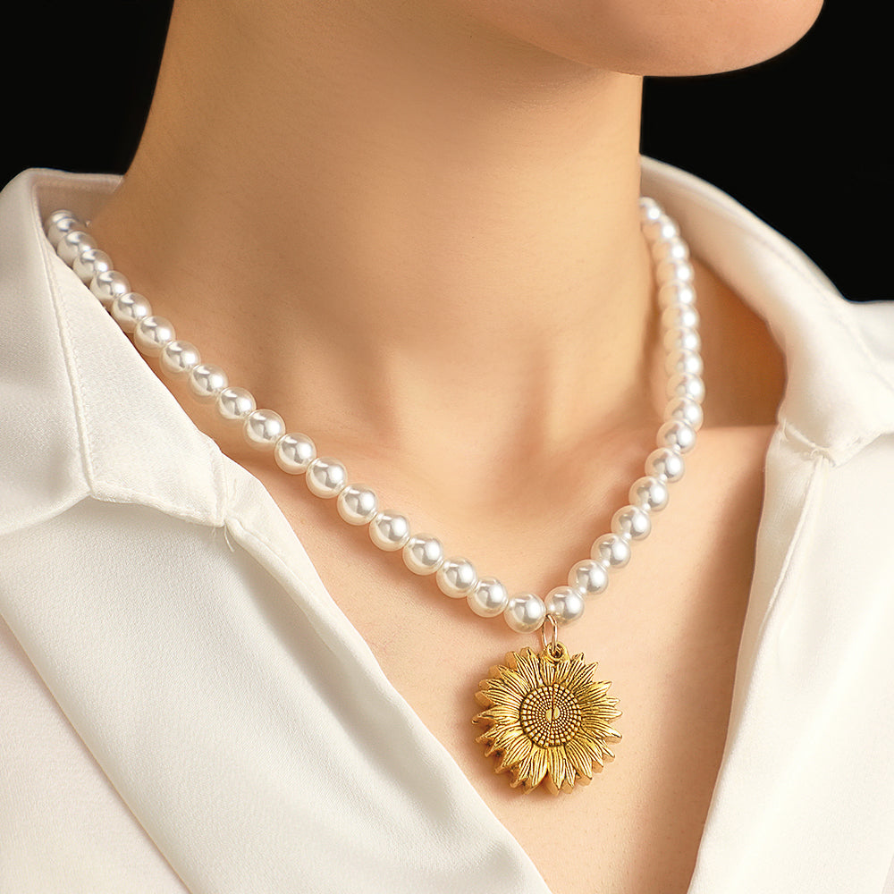 Custom Photo Necklace Vintage Flower Pearl Love Gift