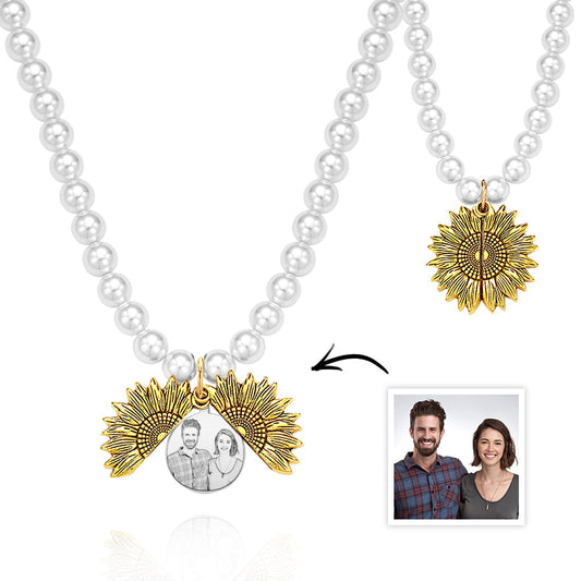 Custom Photo Necklace Vintage Flower Pearl Love Gift