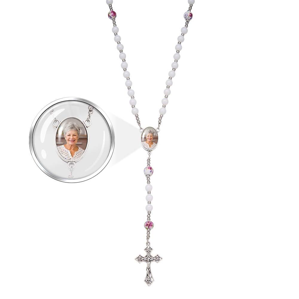 Custom Rosary Beads Cross Necklace Personalized Ceramic Rose Necklace with Photo