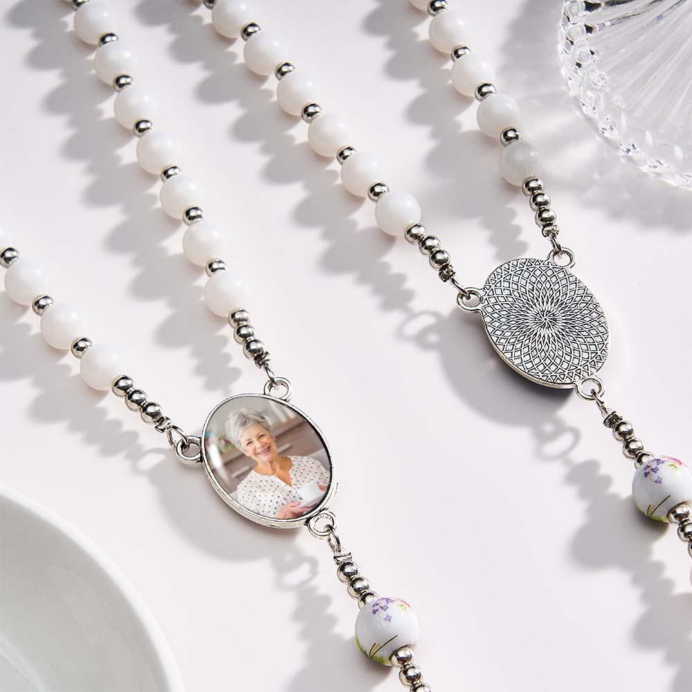 Custom Rosary Beads Cross Necklace Personalized Ceramic Rose Necklace with Photo