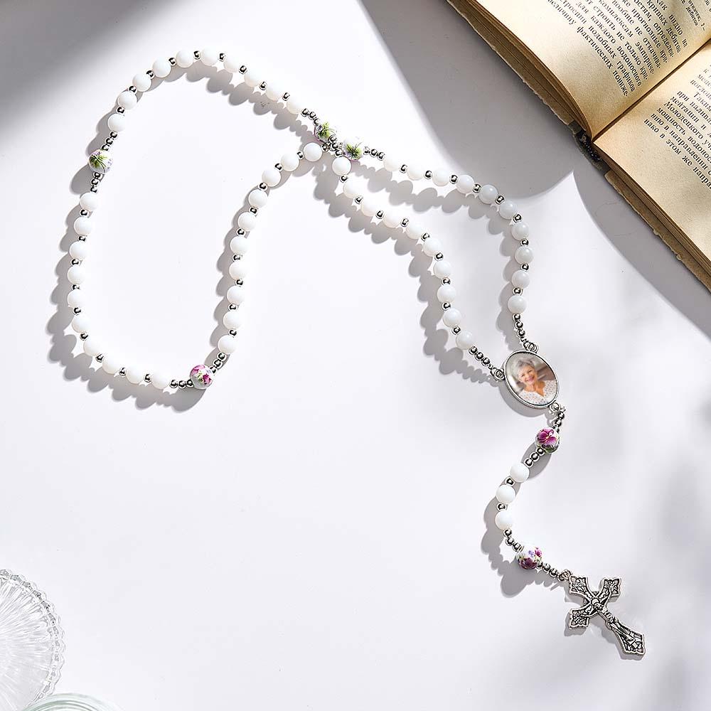 Custom Rosary Beads Cross Necklace Personalized Ceramic Rose Necklace with Photo
