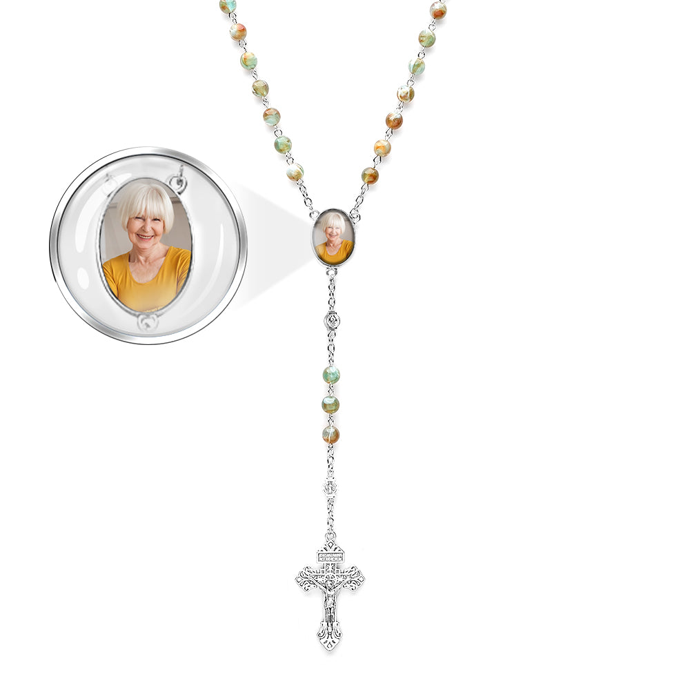 Custom Rosary Beads Cross Necklace Personalized Green Necklace with Photo