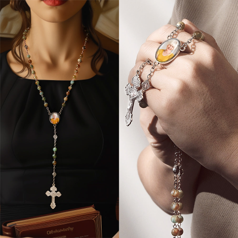 Custom Rosary Beads Cross Necklace Personalized Green Necklace with Photo