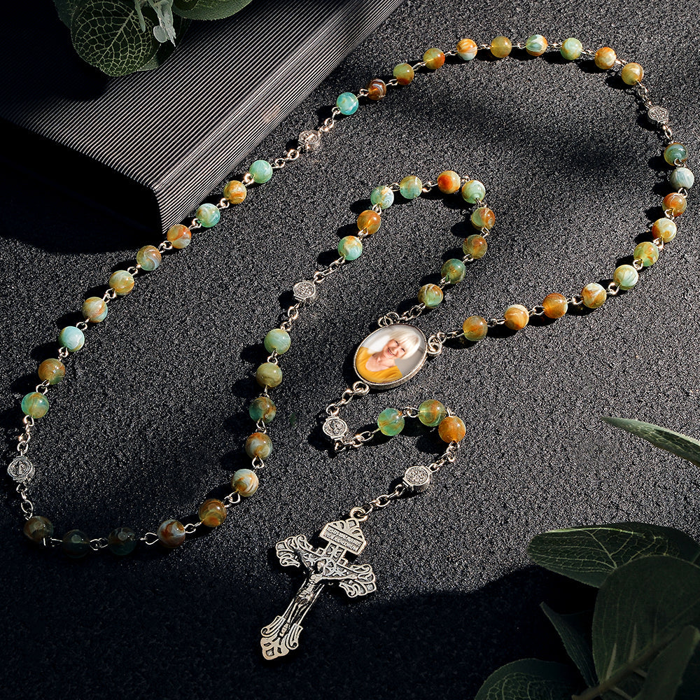 Custom Rosary Beads Cross Necklace Personalized Green Necklace with Photo