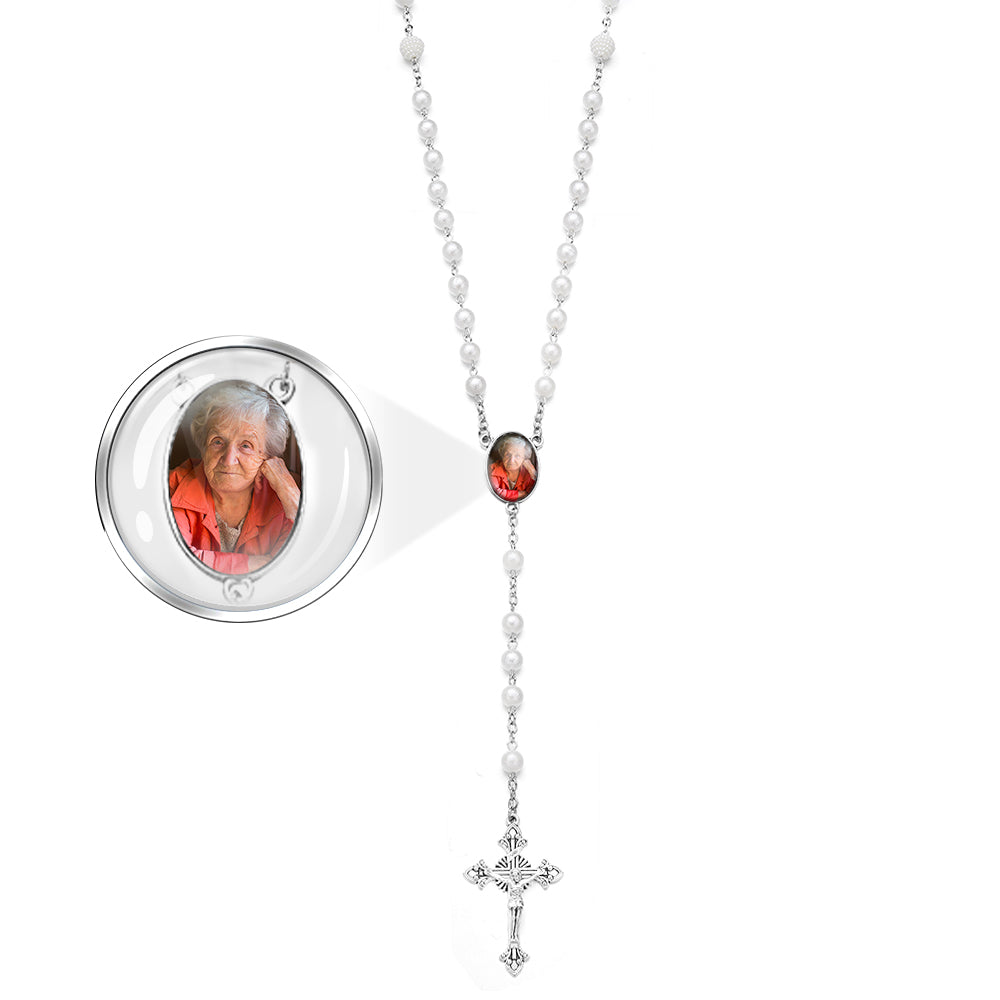 Custom Rosary Beads Cross Necklace Personalized White Bayberry Beads Necklace with Photo