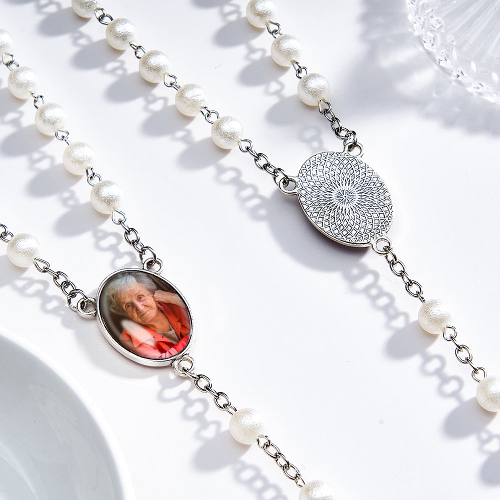 Custom Rosary Beads Cross Necklace Personalized White Bayberry Beads Necklace with Photo