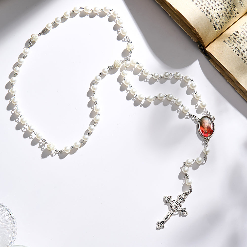 Custom Rosary Beads Cross Necklace Personalized White Bayberry Beads Necklace with Photo