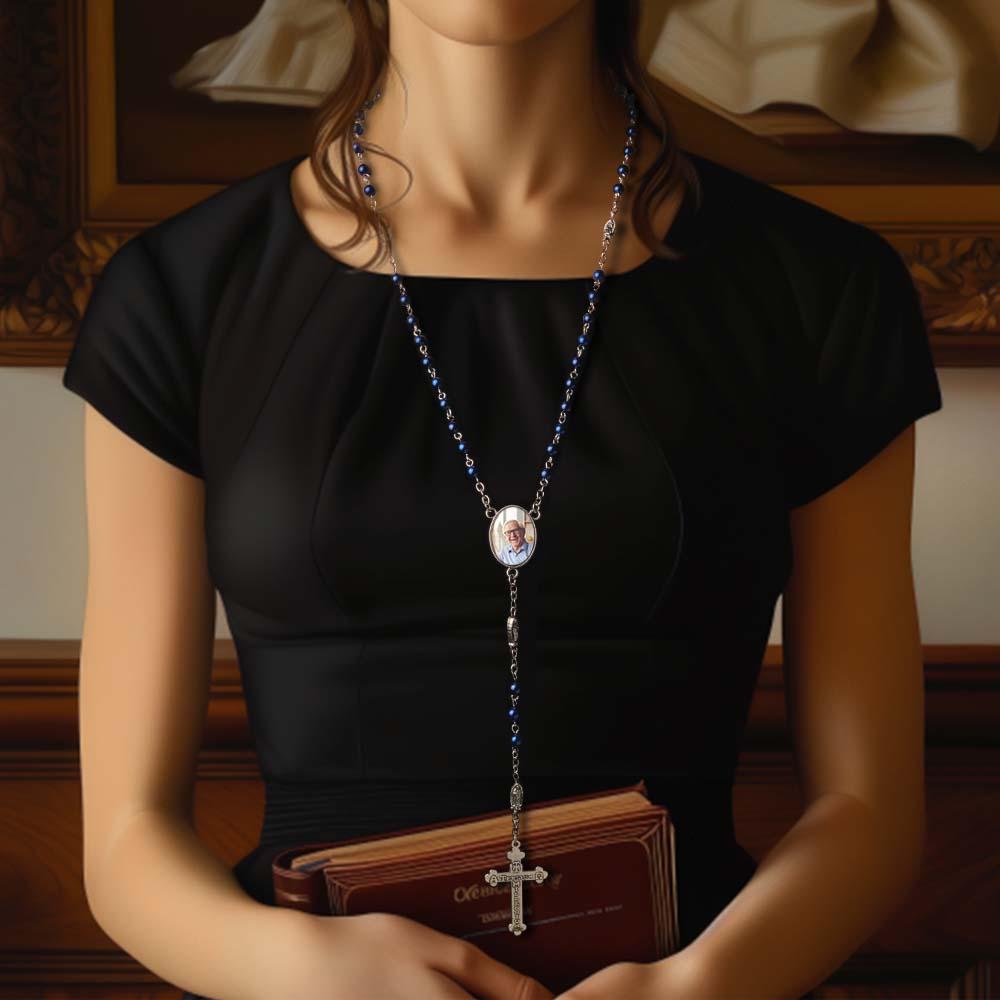 Custom Rosary Beads Cross Necklace Personalized Blue Imitation Pearls Necklace with Photo