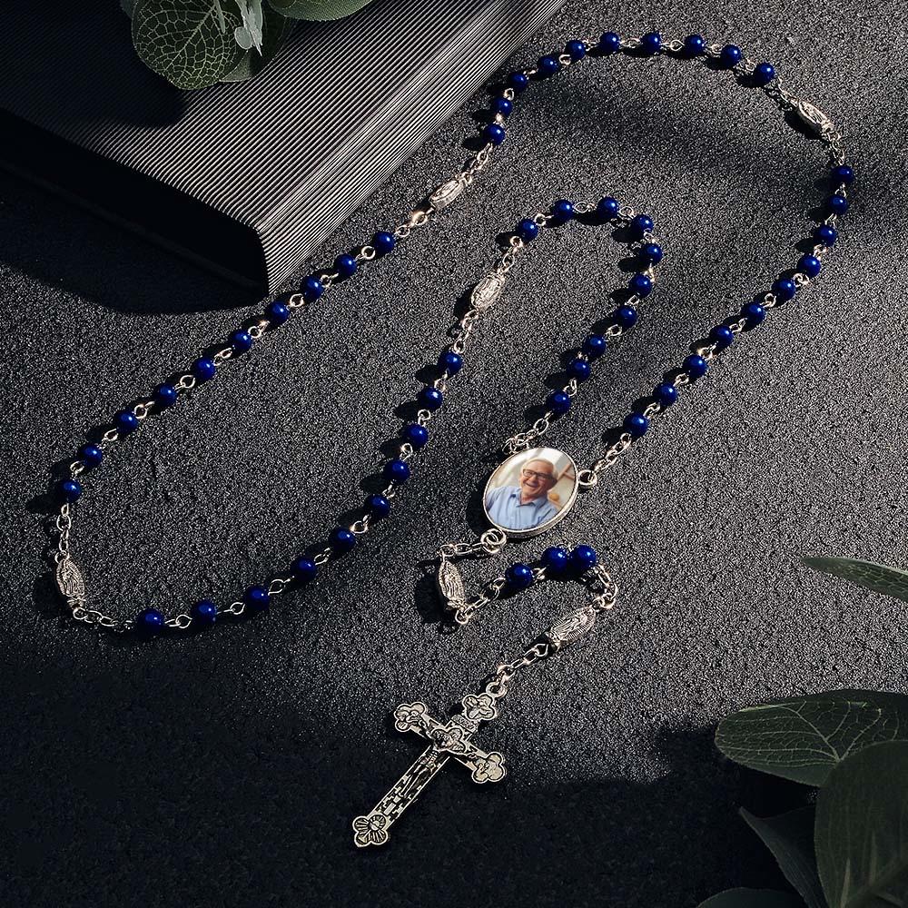 Custom Rosary Beads Cross Necklace Personalized Blue Imitation Pearls Necklace with Photo
