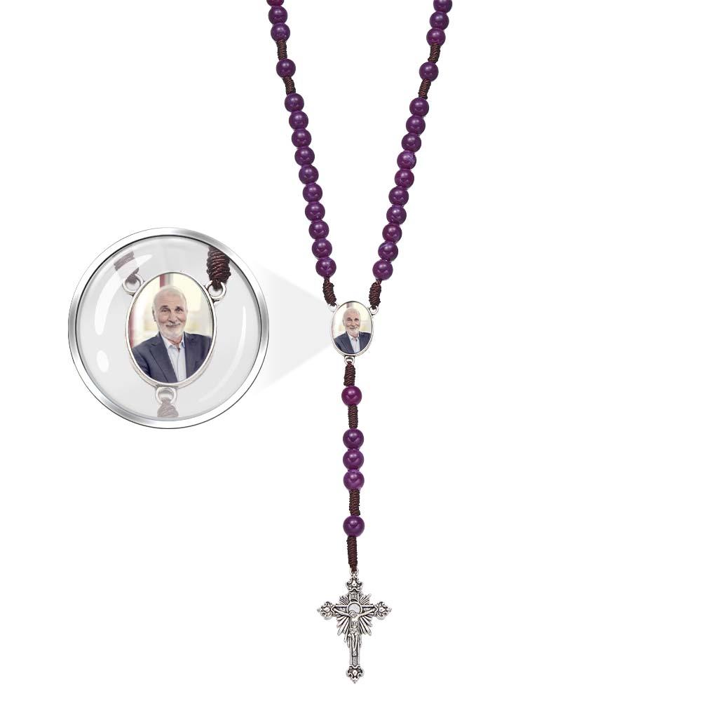 Custom Rosary Beads Cross Necklace Personalized Handmade Purple Necklace with Photo