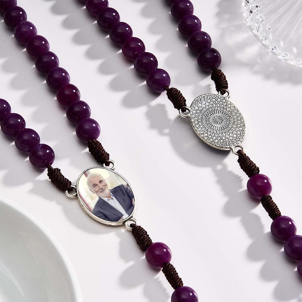 Custom Rosary Beads Cross Necklace Personalized Handmade Purple Necklace with Photo