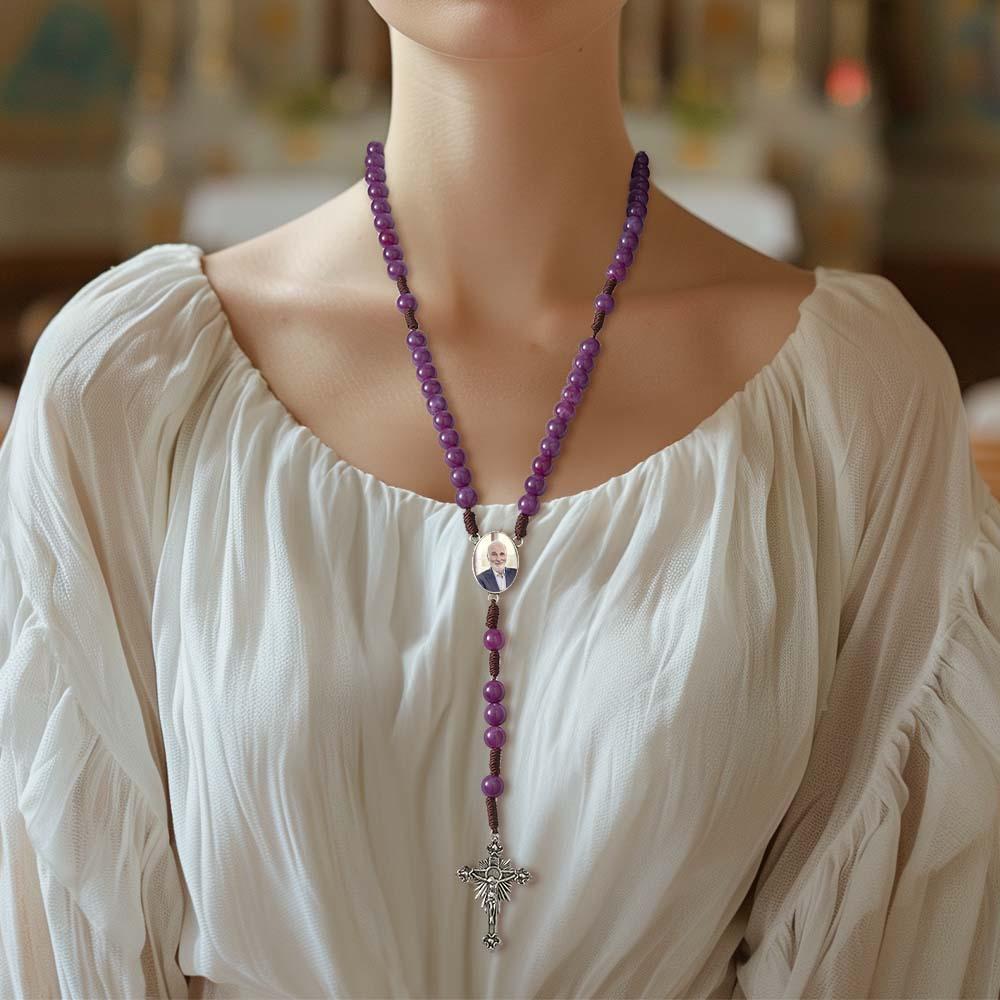 Custom Rosary Beads Cross Necklace Personalized Handmade Purple Necklace with Photo