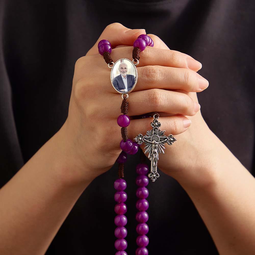 Custom Rosary Beads Cross Necklace Personalized Handmade Purple Necklace with Photo
