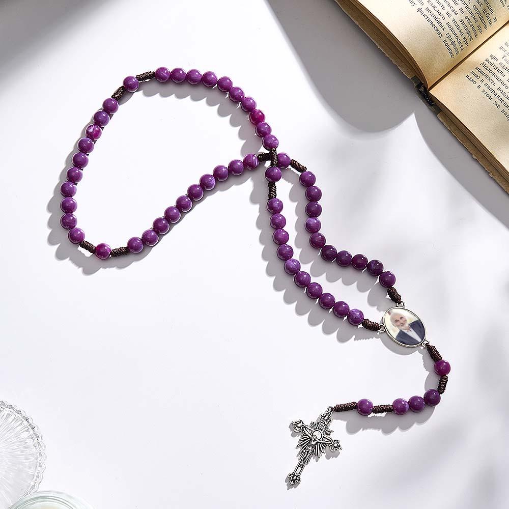 Custom Rosary Beads Cross Necklace Personalized Handmade Purple Necklace with Photo