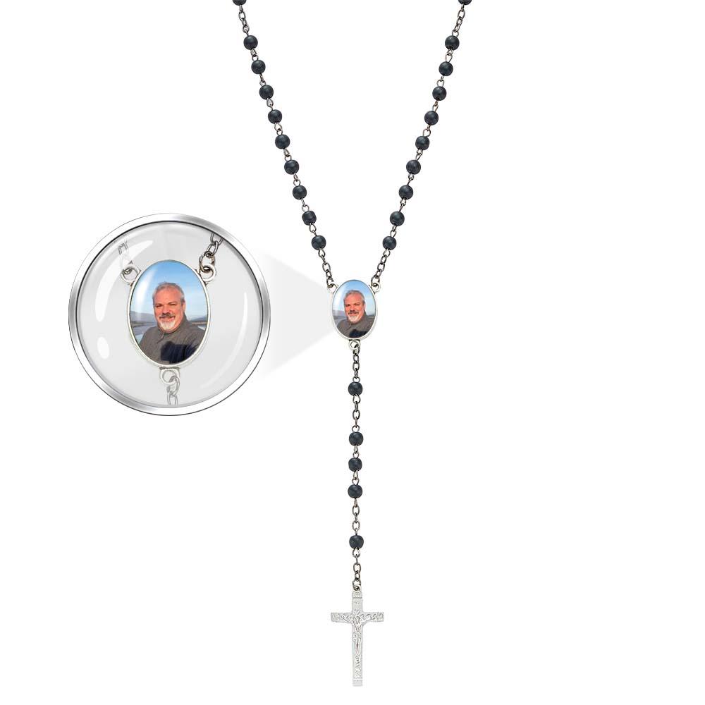 Custom Rosary Beads Cross Necklace Personalized Black Frosted Agate Necklace with Photo
