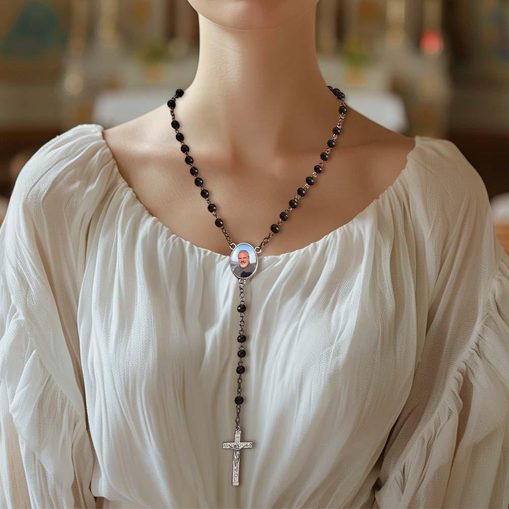 Custom Rosary Beads Cross Necklace Personalized Black Frosted Agate Necklace with Photo