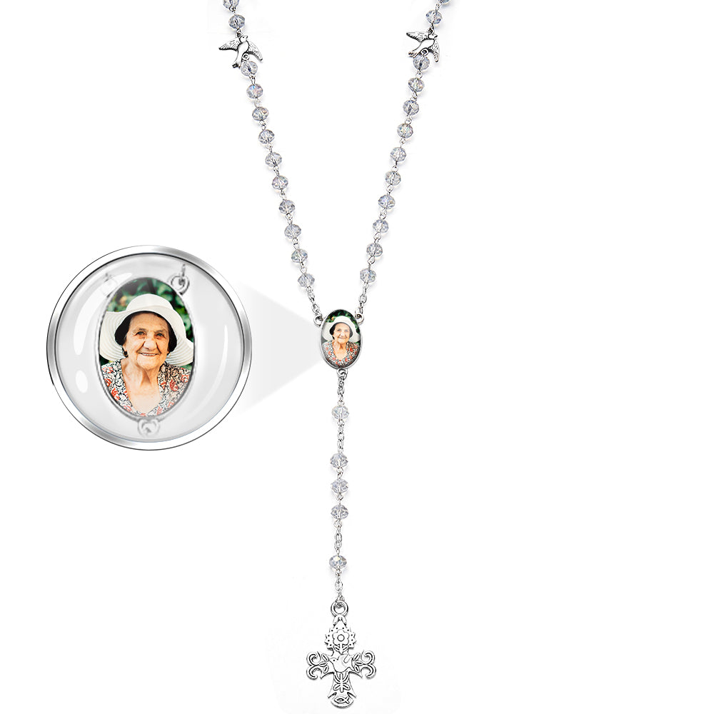 Custom Rosary Beads Cross Necklace Personalized White Stained Glass Crystal Cross Necklace with Photo