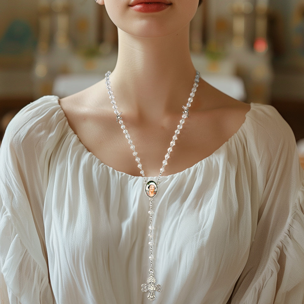 Custom Rosary Beads Cross Necklace Personalized White Stained Glass Crystal Cross Necklace with Photo