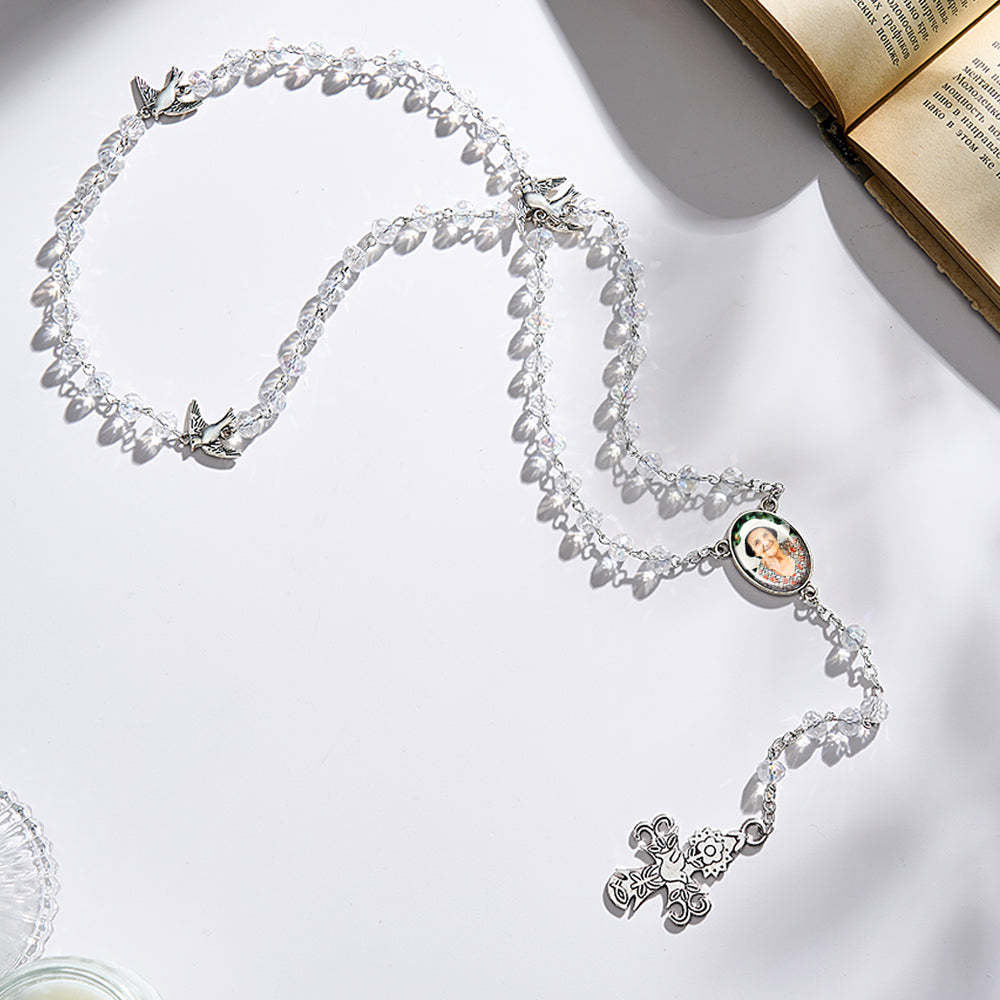 Custom Rosary Beads Cross Necklace Personalized White Stained Glass Crystal Cross Necklace with Photo