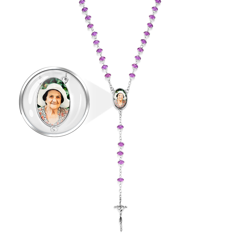 Custom Rosary Beads Cross Necklace Personalized Purple Flat Beads Necklace with Photo