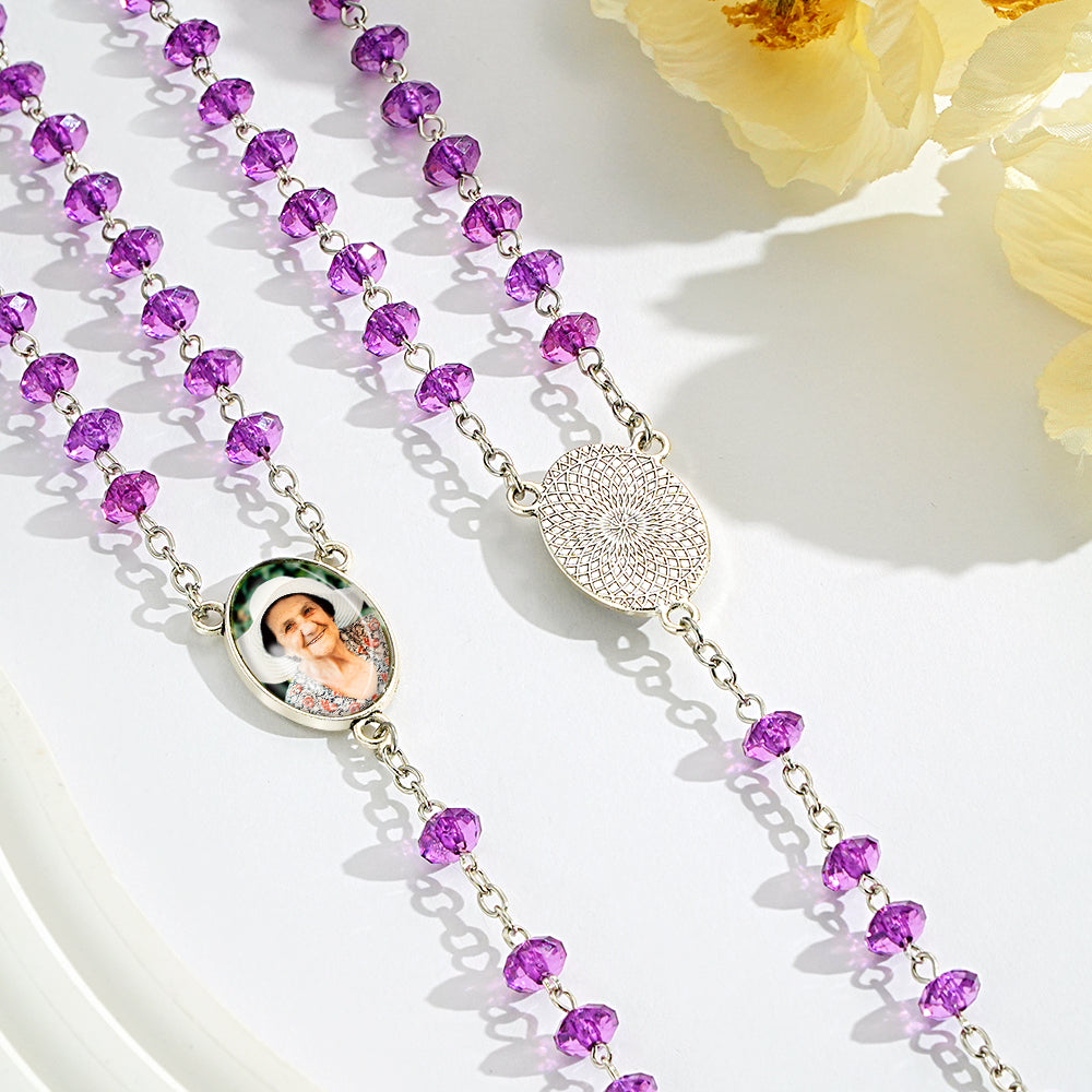 Custom Rosary Beads Cross Necklace Personalized Purple Flat Beads Necklace with Photo