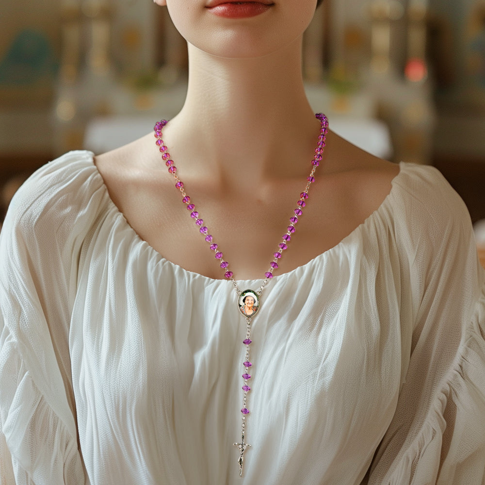 Custom Rosary Beads Cross Necklace Personalized Purple Flat Beads Necklace with Photo